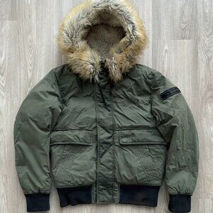 DIESEL puffer bomber jacket with Sherpa faux fur hood double diesel patch
